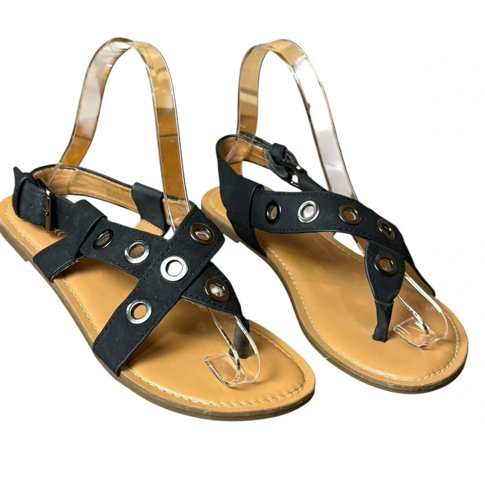 Franco‎ Sarto Black Strappy Grommet Leather Flat Thong Sandals 6.5